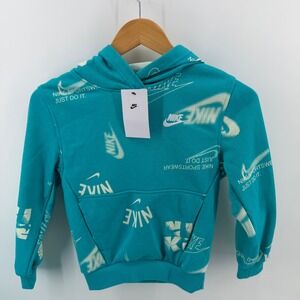 Nike Kids Hoodie Teal All Over Print Logo Just Do It Sweatshirt Size S NEW